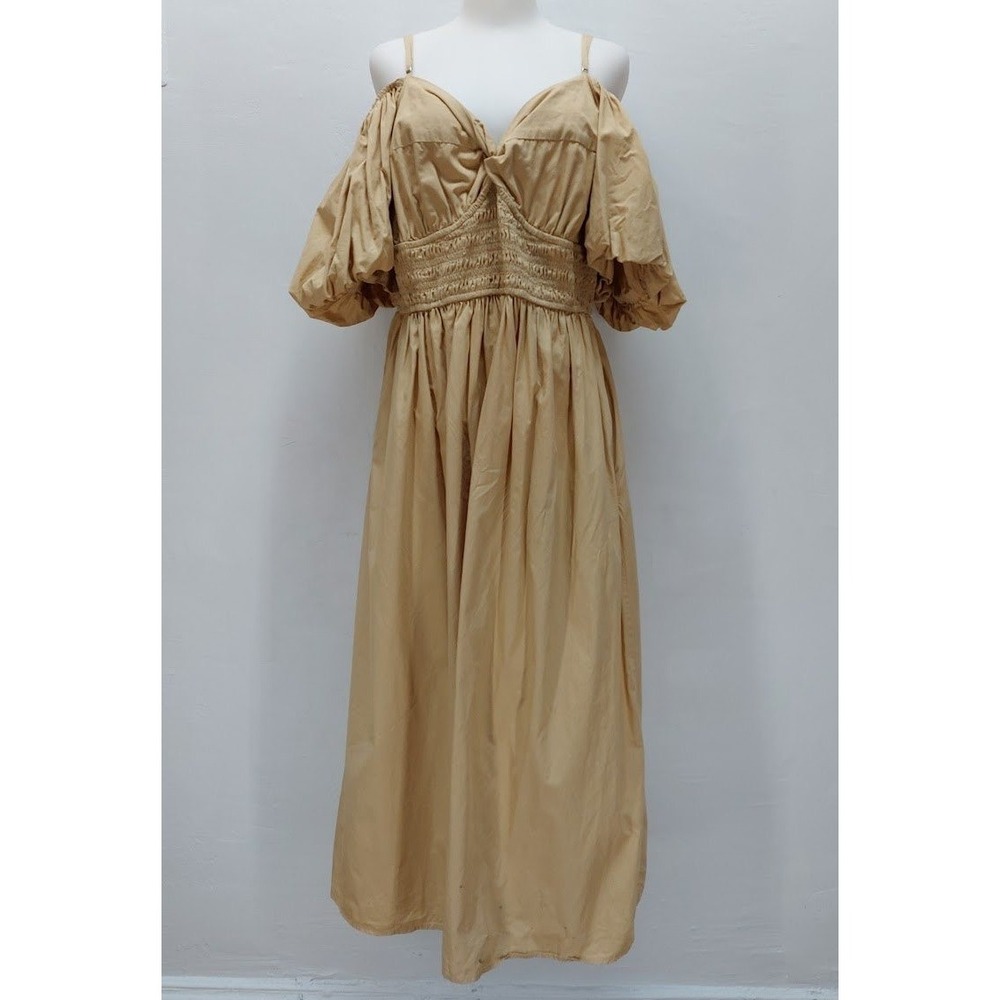 Gap Off The Shoulder Maxi Dress Women's XL Tall Tan Cotton Puff Sleeve Smocked